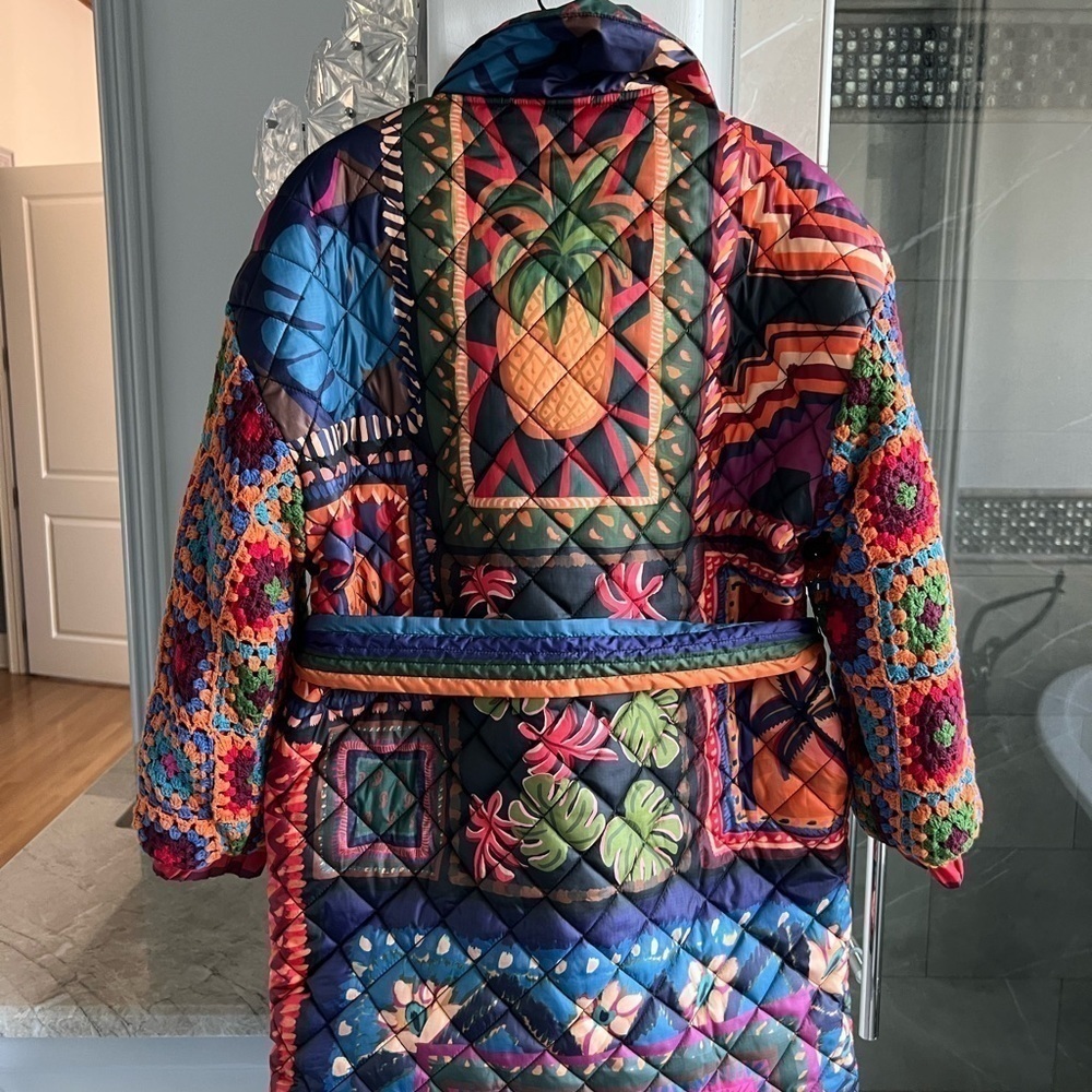 FARM RIO Patchwork Tapestry Crochet-Sleeve Puffer Jacket - Picture 6 of 14